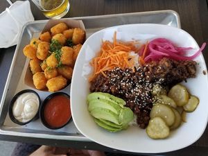 Vegan Impossible Bowl, and vegan tater tots at Heirloom Craft Kitchen in Indio