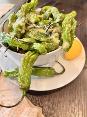 Vegan Shishito Peppers! Delish!!  at Heirloom Craft Kitchen in Indio