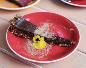 Certified organic, 100% plant based wholefoods. Salted caramel tart at Soulfood Cafe & Grocer in Woy Woy