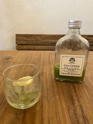 Centrifugato artigianale: green vegetable, apple, guava, chia seed, celery  at Ohkajhu Organic Restaurant in Bangkok