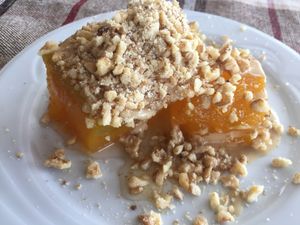 Pumpkin dessert in syrup with nuts and tahini at Organic Cave Kitchen in Goreme