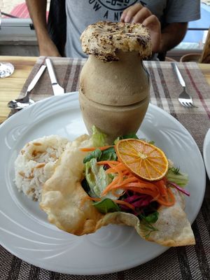 Claypot vegetable stew with side salad and rice at Organic Cave Kitchen in Goreme