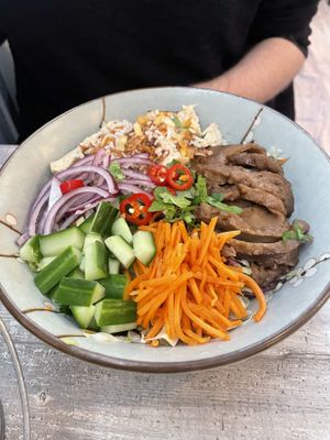 Vegan super bowl with (hidden) noodles and salad   at Banhs & Coffee in Leeuwarden
