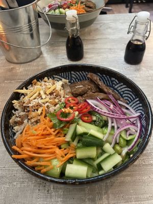 Vegan super bowl with (hidden) rice  at Banhs & Coffee in Leeuwarden