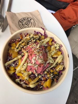 Vegan salad with beetroot hummus   at Rubik's Superfood & Coffee in Patras