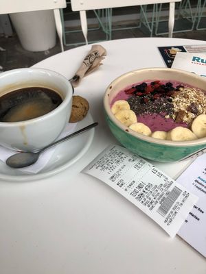 Americano and açaí berry bowl at Rubik's Superfood & Coffee in Patras