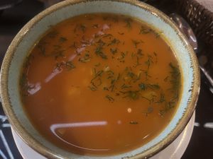 Minestrone soup with chickpeas. Bad lighting as that is not cream!  at Dastorkon in Karakol