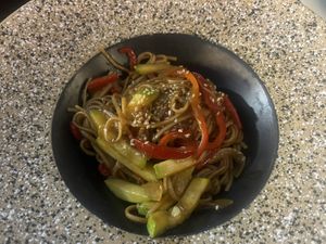 Soba noodles with vegetables  at Dastorkon in Karakol