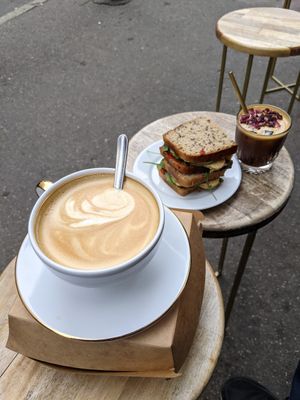 Coffee and tempeh sandwich at STOR in Warsaw