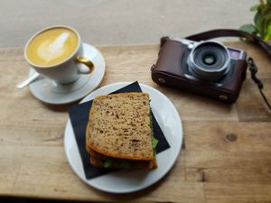 Vegan cappuccino and sandwich. at STOR in Warsaw