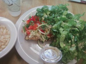 The cafe offers a different Raw Meal every day. Sometimes for it they have raw pizza. It's great! at Food and Thought in Naples