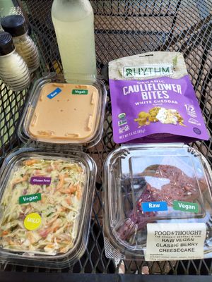 Vegan nut cheese, Costa Rica coleslaw, raw berry cheesecake, and cauliflower bites in vegan white cheddar flavor at Food and Thought in Naples