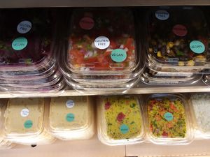 To-Go items near cafe are marked when vegan. at Food and Thought in Naples