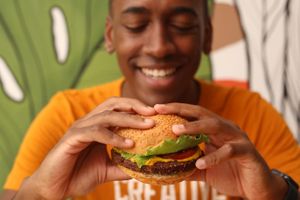 falafel burger with pumpkin hummus
 at Haya Falafel in Sao Paulo