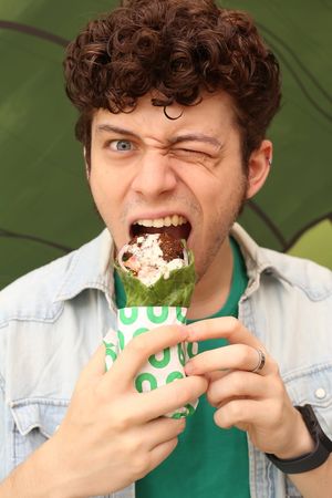 Falafel Sandwich on a kale Leaf
 at Haya Falafel in Sao Paulo