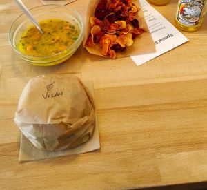 Vegan burger and vegan lentils soup of the day at Bioborgari in Reykjavik