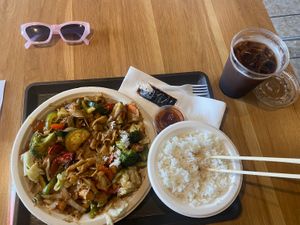 Spicy noodles, side steamed rice, Thai iced coffee   at Thai East Wind in Santa Monica