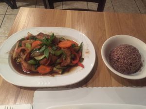Pad Krawpaw - Soy Chicken, White Onion, Mushrooms, Bell Peppers and Mint Leaf - with Brown Rice at Thai East Wind in Santa Monica