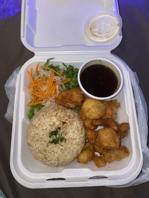 Orange “chicken” & brown rice at Delish in Temecula
