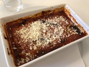 Aubergine parmigiana to start - perfect for sharing  at Antonio's Kitchen in East London