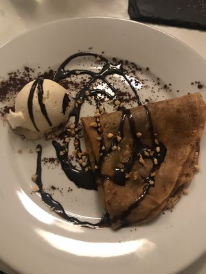 Crepe with vegan Nutella, hazelnuts and ice cream  at Antonio's Kitchen in East London