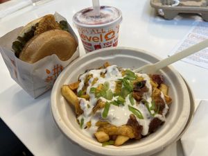 Chicken burger, shake and chili fries  at Next Level Burger - Potrero Hill in San Francisco