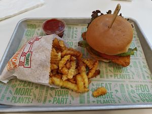 Crispy chick'n burger and large frice at Next Level Burger - Potrero Hill in San Francisco