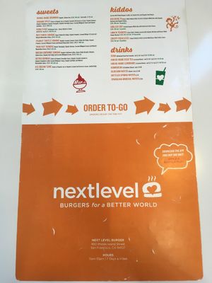 Menu, side 1 at Next Level Burger - Potrero Hill in San Francisco