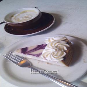 cheesecake and cappucino with almond milk at Sweetpea Baking Company in Portland
