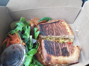 Seitan veggeroni sandwich on ciabatta  at Sweetpea Baking Company in Portland