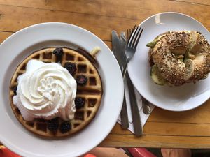 Waffles, berries n cream - garden everything bagel at Sweetpea Baking Company in Portland