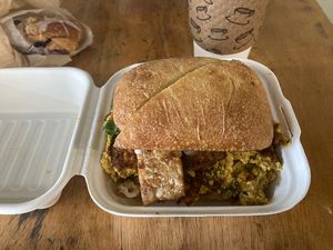 Breakfast sammie with scrambled tofu and tempeh bacon  at Sweetpea Baking Company in Portland