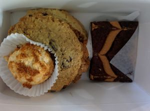 Strawberry lemon muffin, peanut butter brownie, cookies: oatmeal raisin, chocolate chip, peanut butter, snickerdoodle at Sweetpea Baking Company in Portland