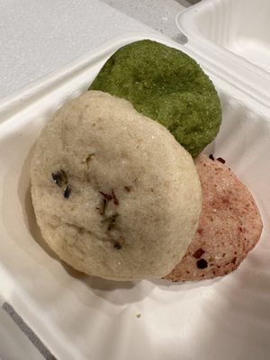 These sugar cookies are heaven!  Lavender, Strawberry, & Matcha! 🤤😋  Everything is Vegan in this bakery and you can tell these were made with all natural fruit and herbs.    at Sweetpea Baking Company in Portland