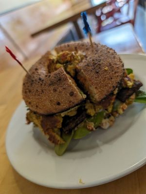 Breakfast Sammy adjusted with jalapeno bagel at Sweetpea Baking Company in Portland