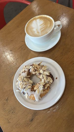 almond milk latte and almond ring pastry at Sweetpea Baking Company in Portland