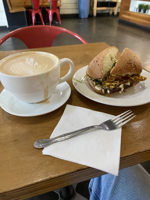 Rose latte and breakfast Sammie   at Sweetpea Baking Company in Portland