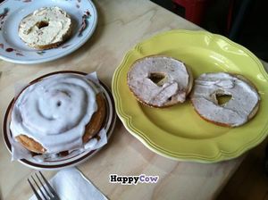 Bagels with a cinnamon roll! I got the strawberry 'cream cheese,' my dad got the veggie one! at Sweetpea Baking Company in Portland