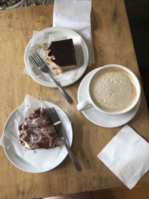 Caramel scone, chocolate peanut butter bar and vanilla latte  at Sweetpea Baking Company in Portland