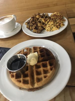 Waffles with scrambled tofu and potato at Sweetpea Baking Company in Portland