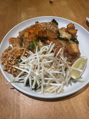Vegan Pad Thai with tofu and veggies prepared medium spicy  at Thai Canteen in Davis