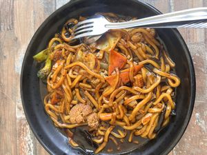 Black pepper noodle dish  at Cameleon Vegetarian Bean Curd in Kuala Lumpur