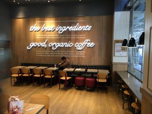 Comfortable seating indoors at Pret A Manger - 36th and 5th in New York City