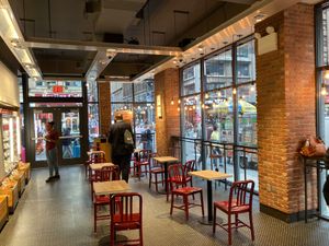 Seating inside. at Pret A Manger - 39th and 8th in New York City