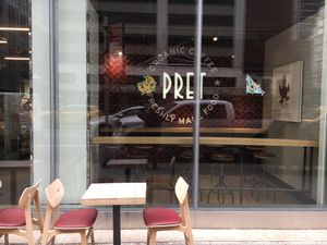Outdoor seating, and window view of indoor seating at Pret A Manger - Park Ave in New York City
