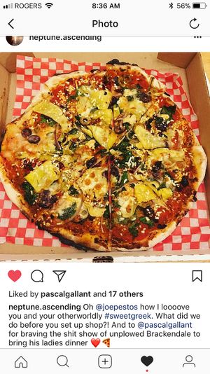 The sweet Greek vegetarian pizza at Joe Pesto's in Squamish