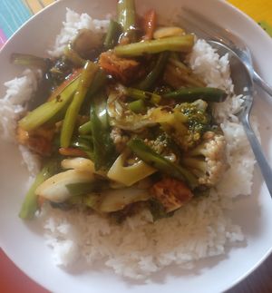 Takeaway: sizzling mixed veg with tofu and steamed rice. at Banana Leaf - Byres Rd in Glasgow