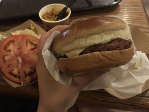 Vegan burger with vegan cheese  at Walt Disney World - Pecos Bill Tall Tale Inn and Cafe in Lake Buena Vista