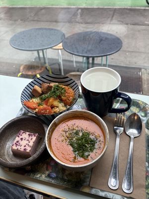Tibetan mama(added tofu), tomato soup, raspberry dessert  at Le Botaniste - Soho in New York City