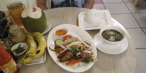 Rice with vegetables, tofu and mock meat (45000) it's ok. The soup is really good at Sala in Ho Chi Minh City
